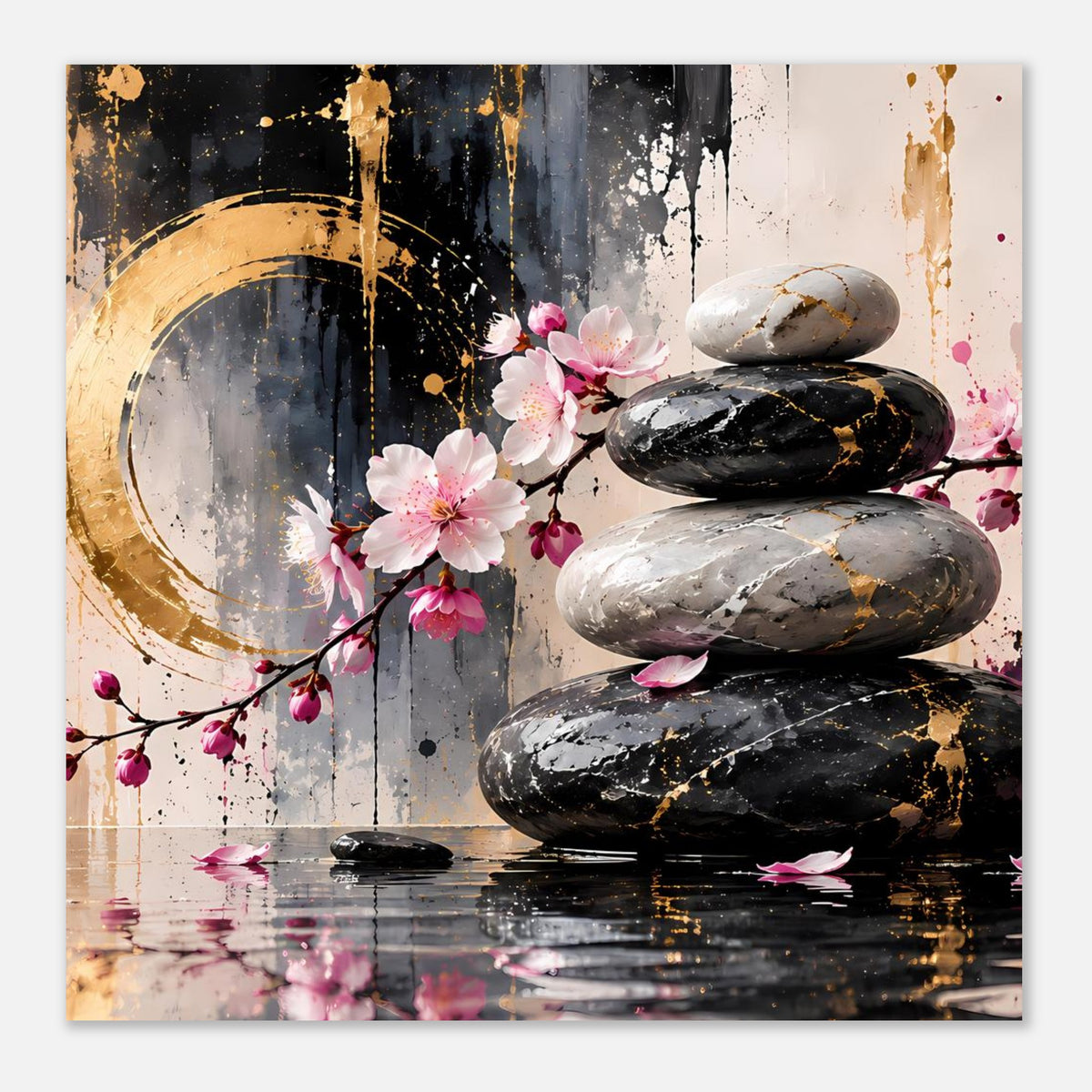 Zen-Poster mit Kirschblüten, Stein-Stapel und dunklem Wasser mit goldfarbenen Details