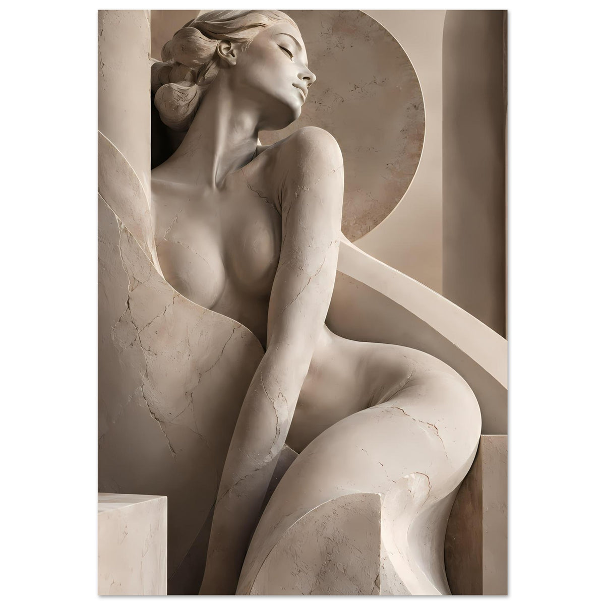 Porträt-Poster mit Skulptur einer Frau, Kopfprofil und Büste in Beige-Braun
