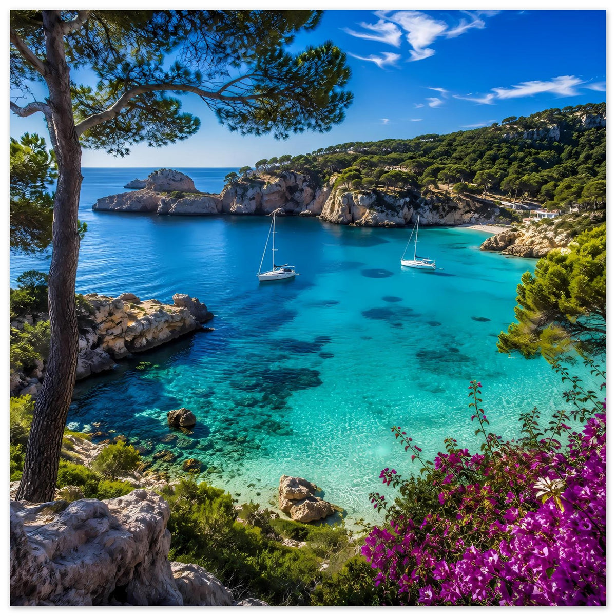 Mediterranes Küstenfoto-Poster mit türkisfarbenem Meer, Segelbooten, Felsen und violetten Blüten