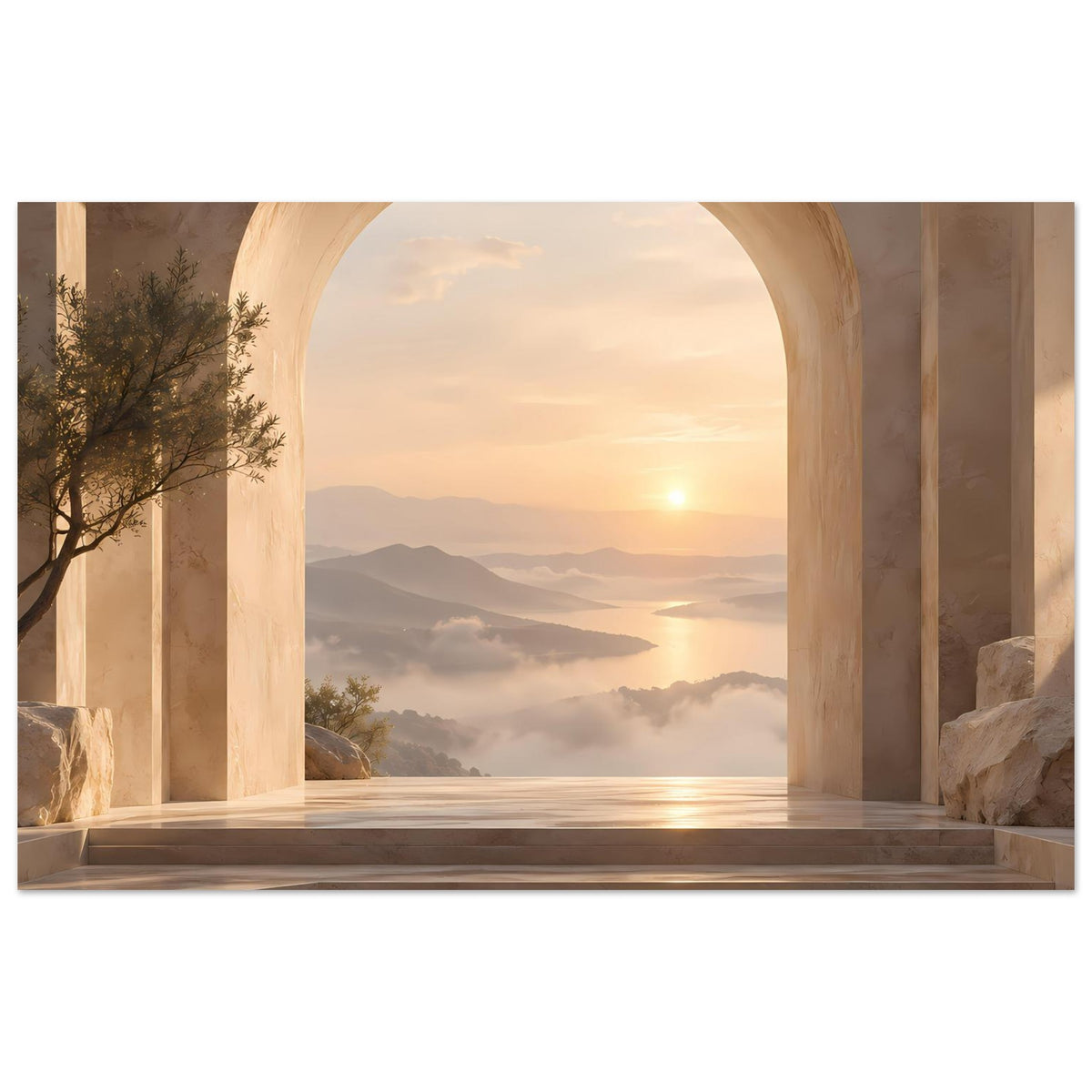 Horizontales Poster mit Rundbogen und Sonnenuntergang über Bergen, See und Nebel