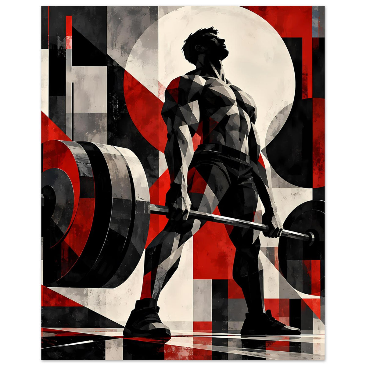 Fitnessposter im Hochformat: Kraftsportler mit Hantel, große schwarze Scheiben