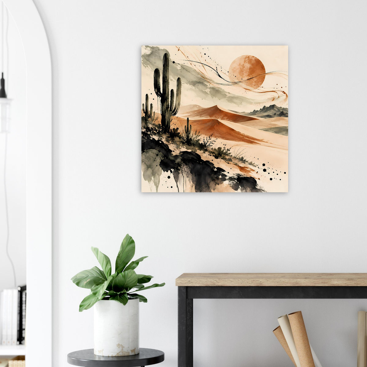 Wüsten-Poster mit Kaktus und Pastell-Sanddünen, rechteckig, abstrakte Pinseloptik.