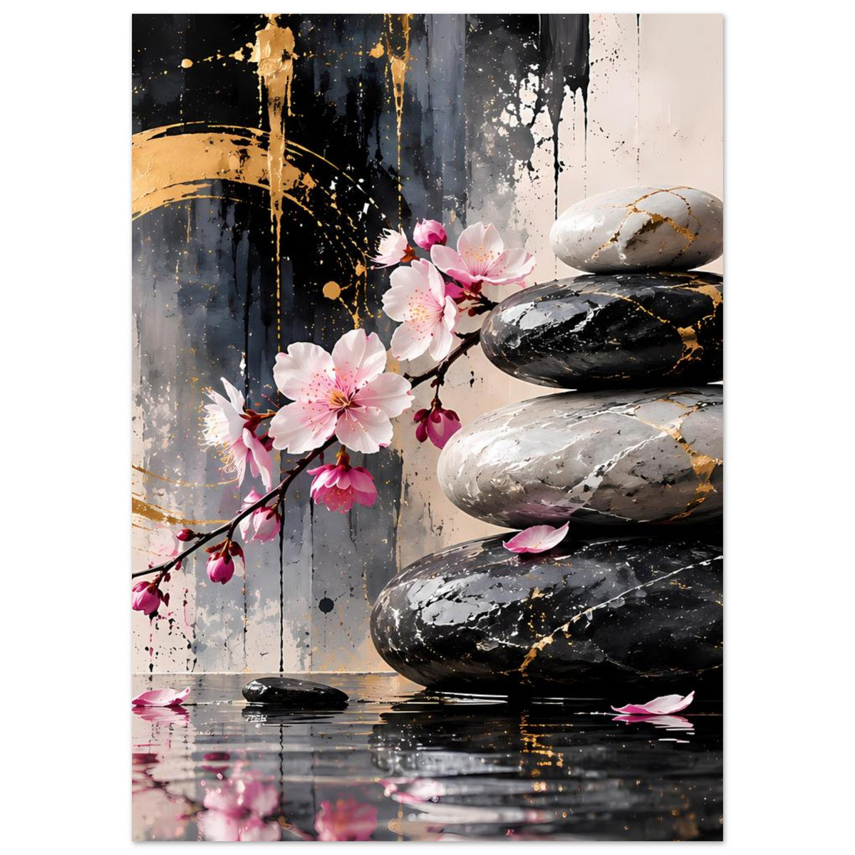 Zen-Poster mit Kirschblütenzweig, goldenen Sprenkeln und weißen/ schwarzen Massage-Steinen
