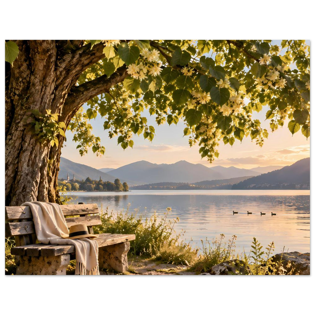 Posterdruck im Querformat: Baumkrone über dem See, Berge und goldene Abendstimmung
