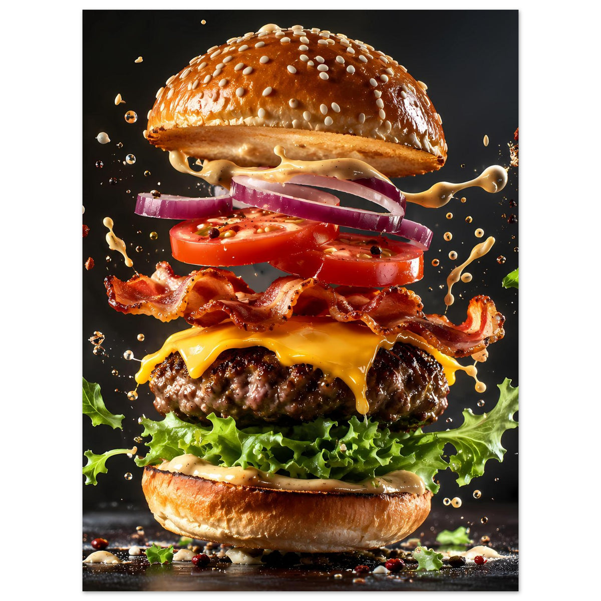 Buntes Poster: Burger-Stack mit Tomaten, Zwiebeln, Käse und knusprigem Bacon.