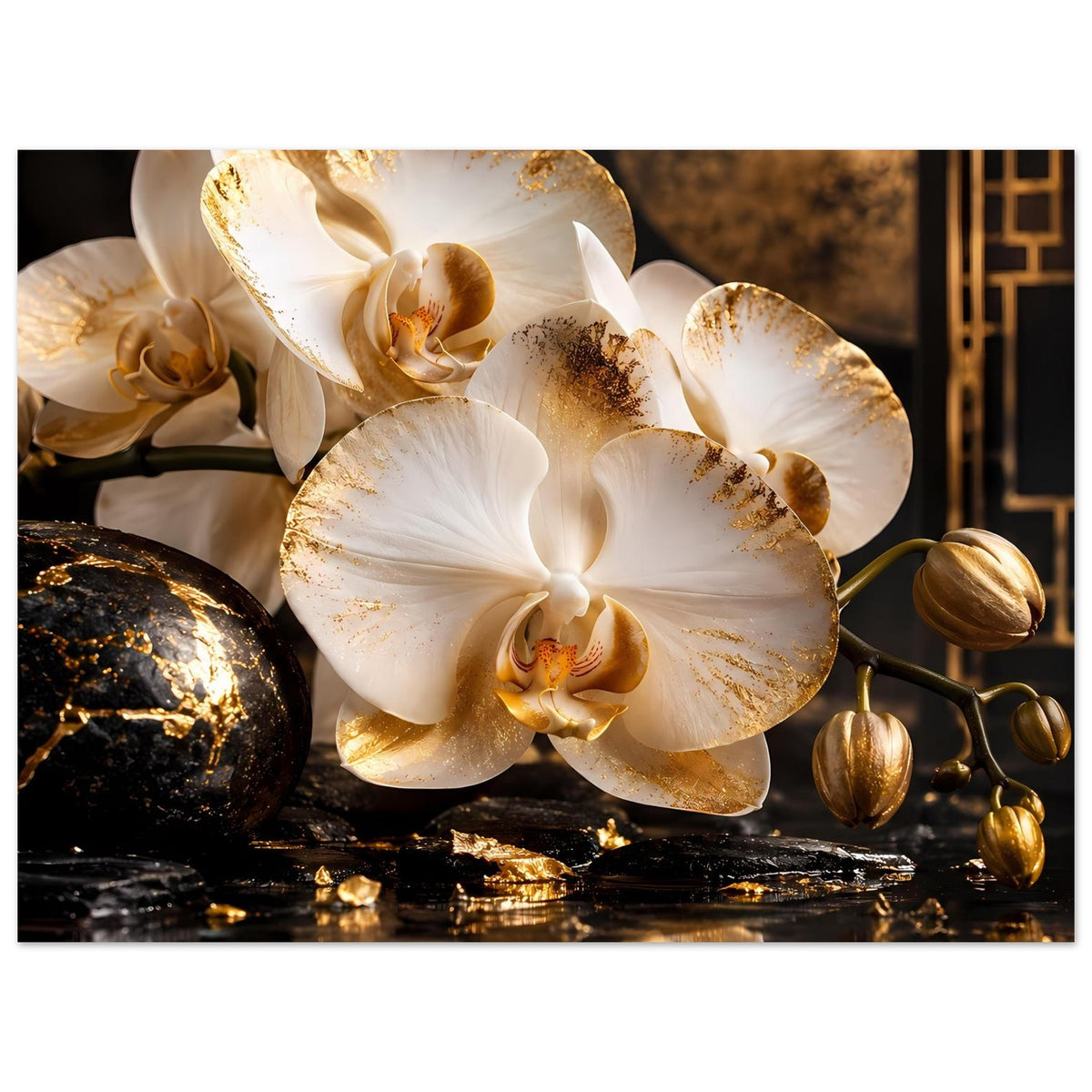 Orchideen-Poster mit weißen Blüten und goldenen Akzentpunkten, dekorative goldfarbene Kugeln