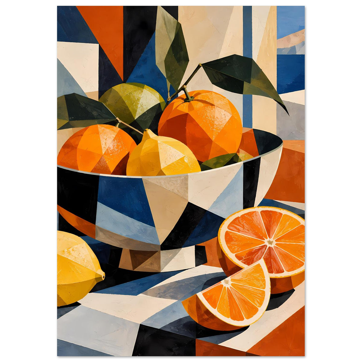 Poster mit Orangen in einer Schüssel, angeschnittenen Orangenscheiben und grünen Blättern