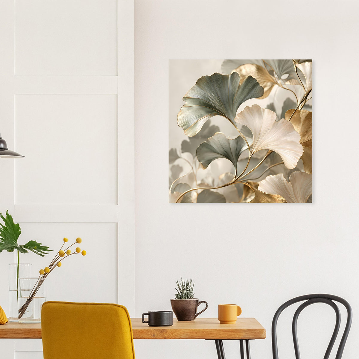 Ginkgo-Blätter Poster mit grünem Laub, cremefarbenen Blütenformen und Goldlinien