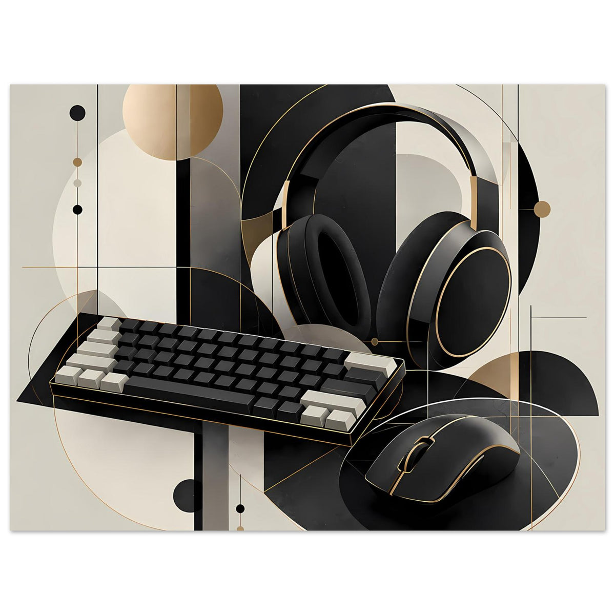 Gaming-Poster mit Headset, Tastatur und Maus, Schwarz-Gold-Creme, stilisiertes Grafikdesign