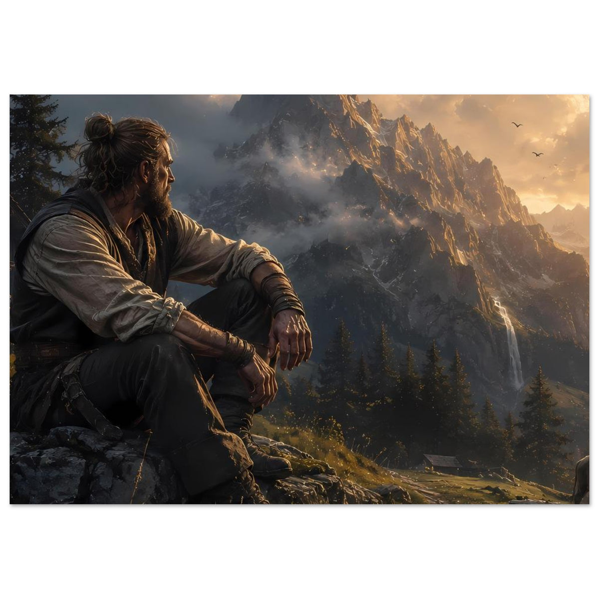 Vertikales Poster mit Bergblick: Mann sitzt auf Felshang, Gipfel und Tannenwald.