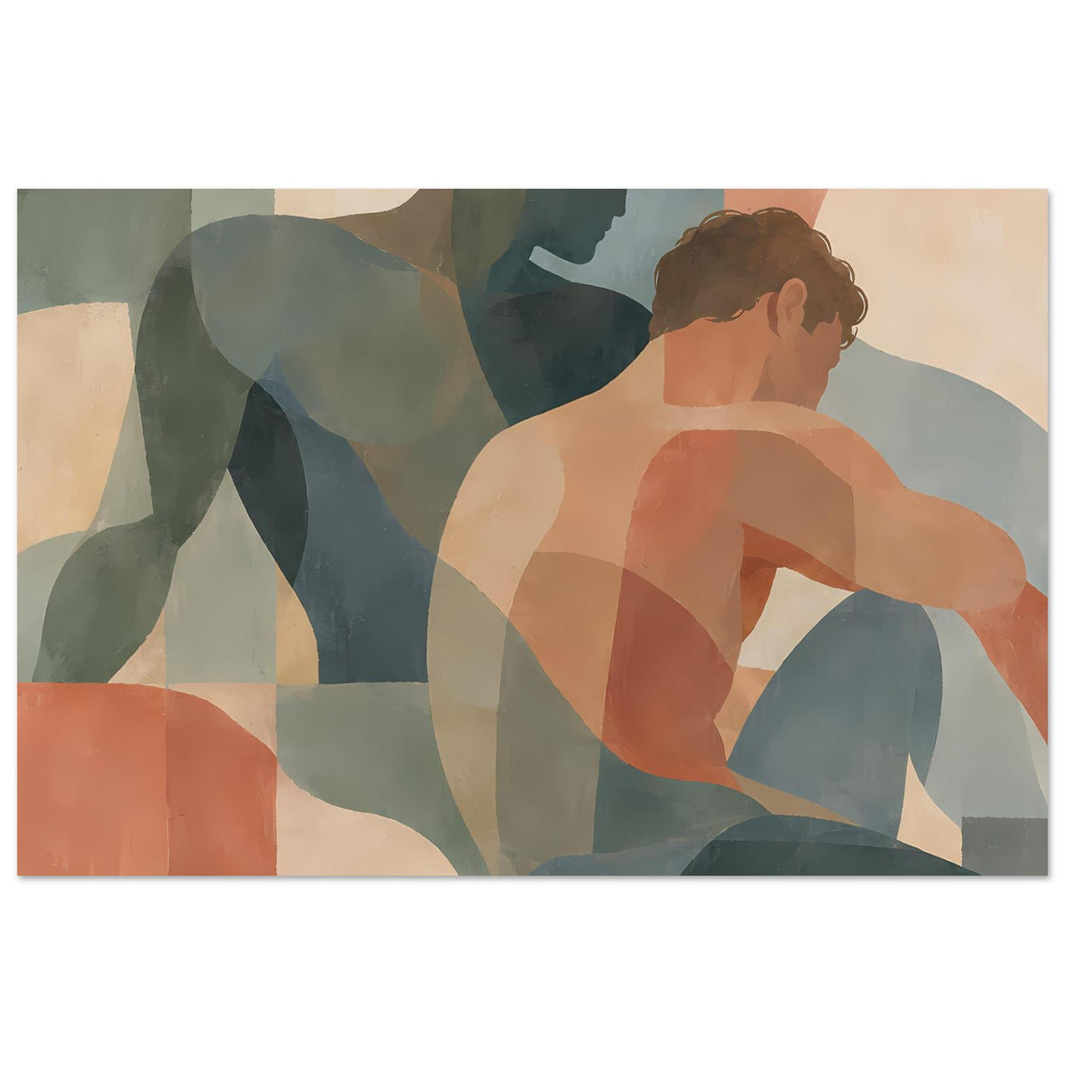 Abstrakter Kunstdruck mit zwei sitzenden Figuren, warmen Erdtönen, klare Farbflächen, horizontal