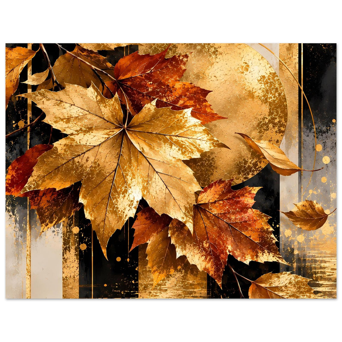 Herbstposter im Querformat mit Ahornblättern in Gold- und Rottönen und abstrakter Herbstsonne