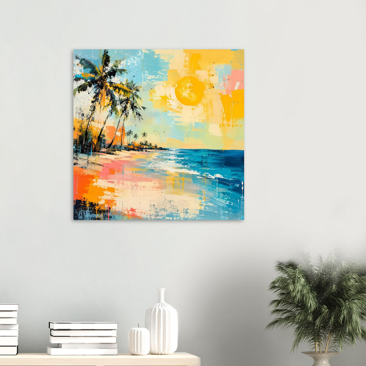 Kleines tropisches Strand-Poster mit Palmen, gelber Sonne und türkisblauem Meer, farbig gesprenkelt