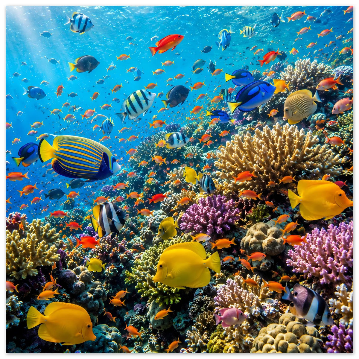 Hochkant-Plakat mit Korallenriff und vielen tropischen Fischen, matte Oberfläche