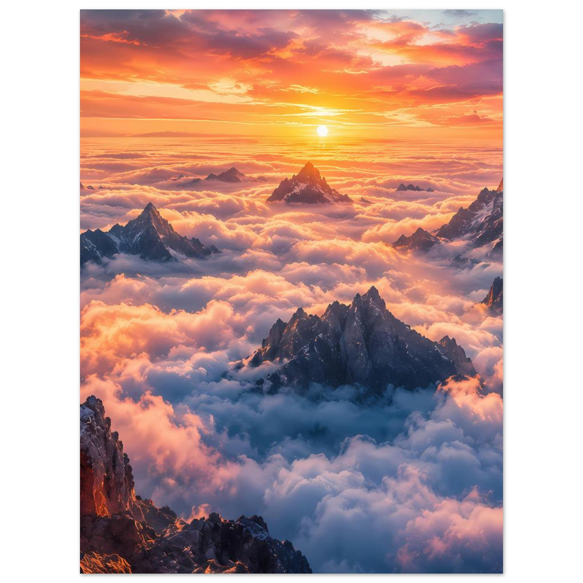Poster im Hochformat: warmes Sonnenlicht über schroffen Bergen inmitten dichter Wolken