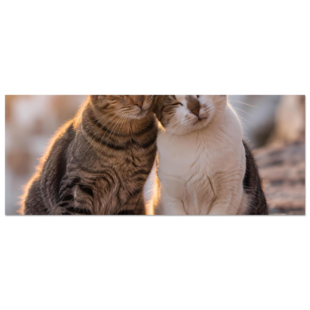 Horizontales Katzenposter: zwei kuschelnde Katzen, graubraun und weiß, ruhiger Blick