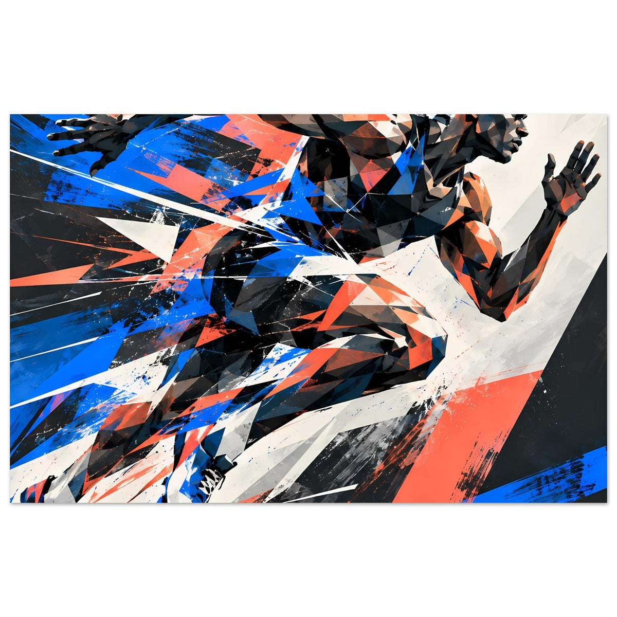 Poster mit dynamischem Läufer-Motiv: abstrakte Figur in Blau, Orange und Schwarz