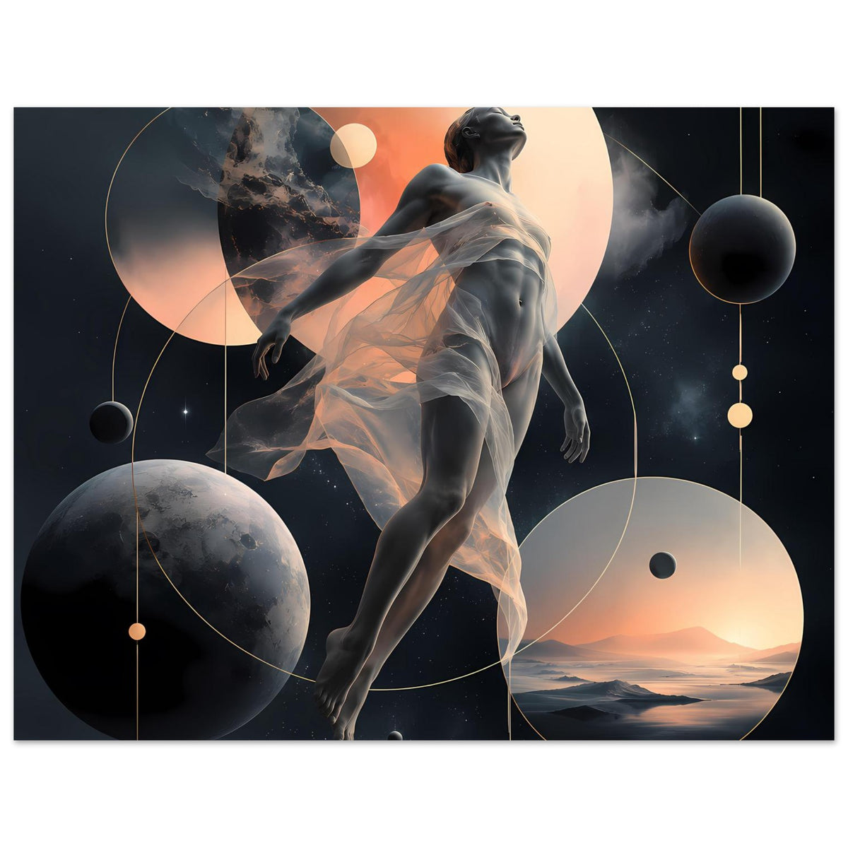 Poster mit Figur im Schleier, großen Monden und Planeten sowie schwebenden Kugeln im Hintergrunddesign