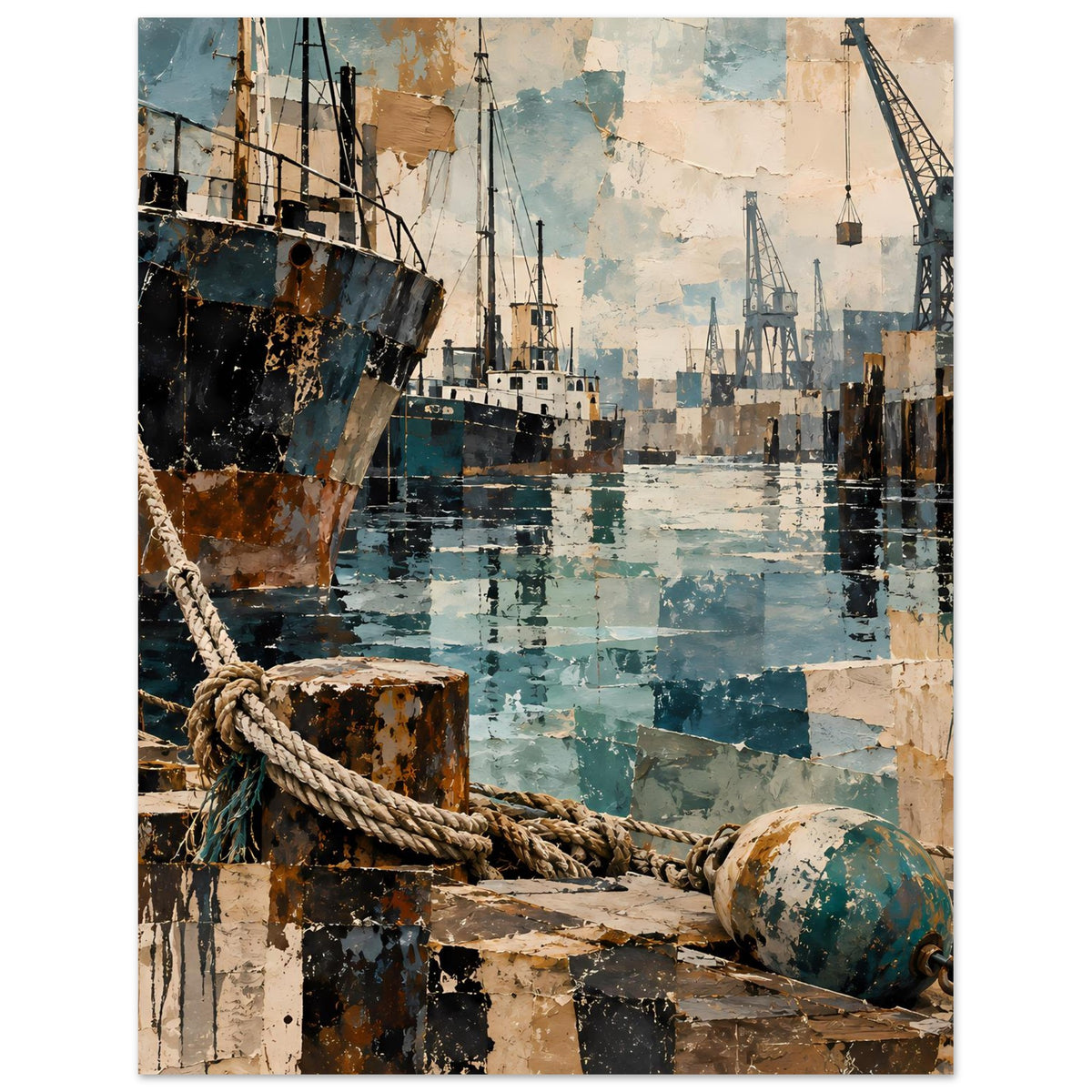 Maritimes Poster: Schiff am linken Rand, Seil, Hafenkräne, Schiffe und Wasser im Detail