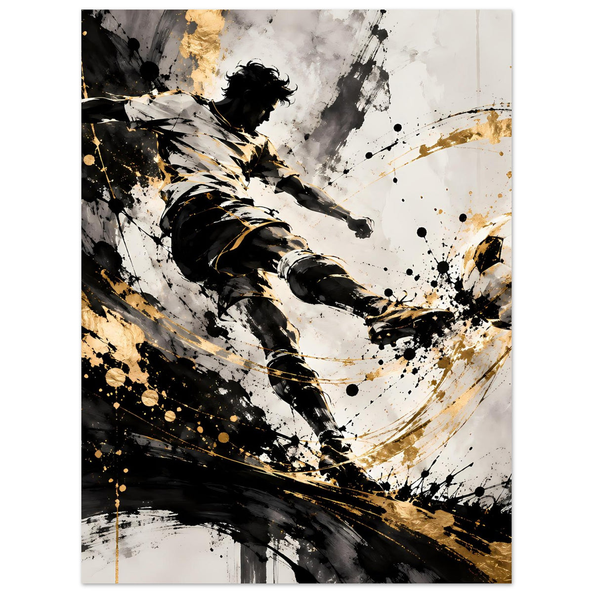 Poster mit Fußballspieler beim Schuss, schwarz-goldener Farbverlauf und Spritzer