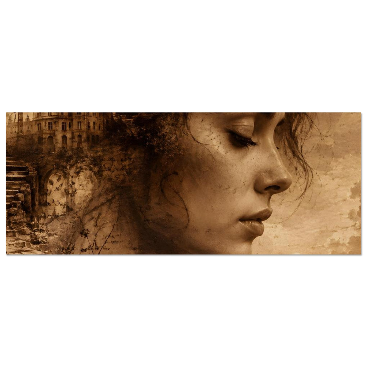 Horizontales Sepia-Poster: Frauenprofil im Close-up mit Pusteblumen, Stadt am Fluss