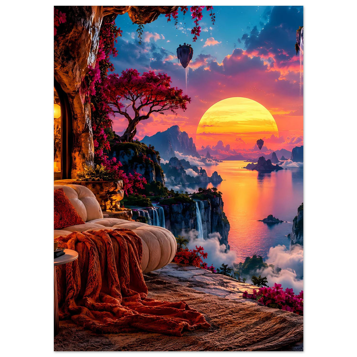 Hochformat-Poster mit Blick auf Wasser und Felsen: leuchtende Sonne, Wasserfälle, pinke Blumen.