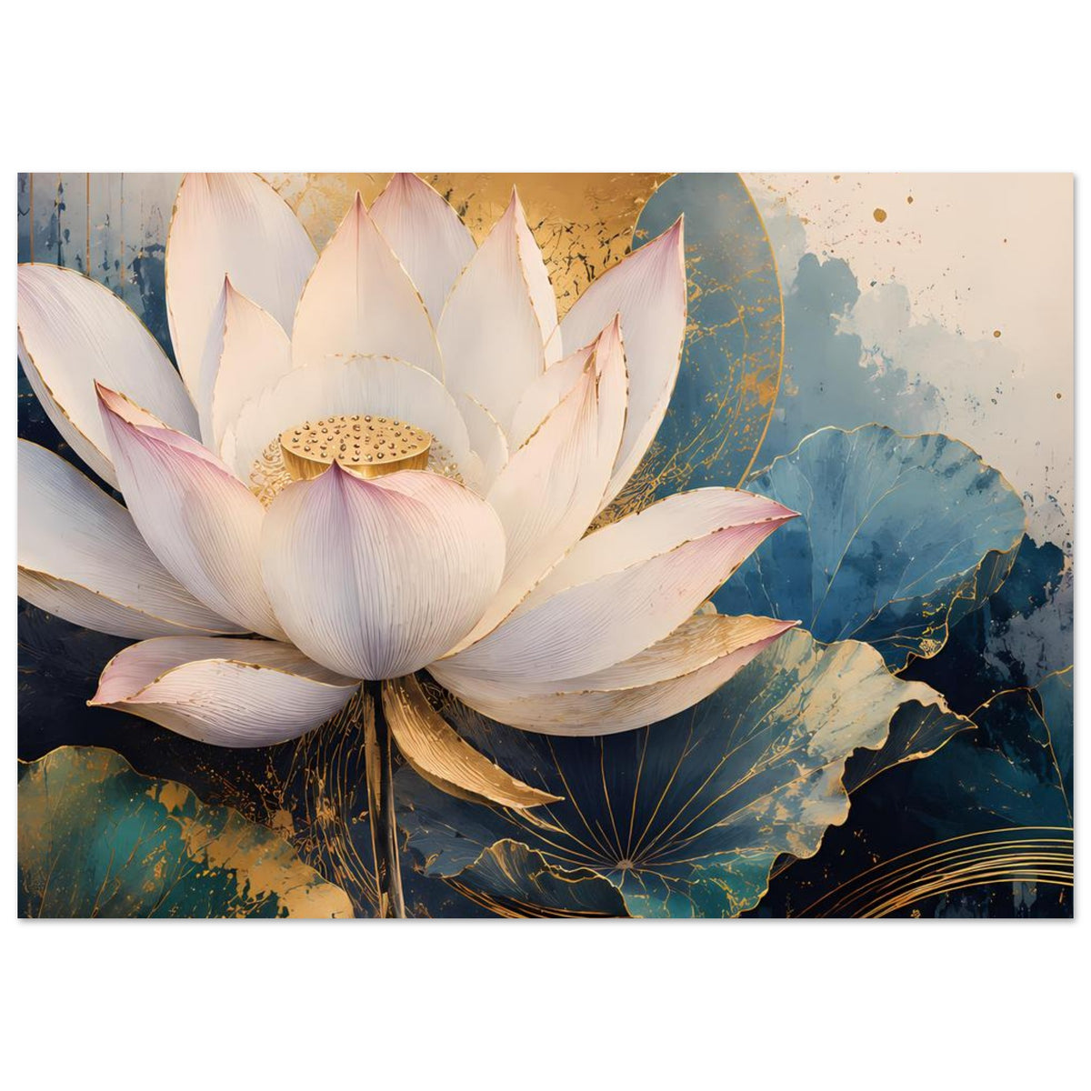 Gerahmtes Poster mit Lotusblüte in Weiß, blauem Wasserlotos-Motiv und goldenen Akzenten