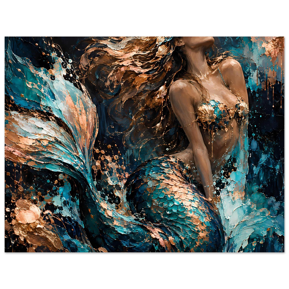 Fantasy-Kunstposter: Meerjungfrau mit türkis schimmernder Flosse, goldbraunes Haar und Schmuck.