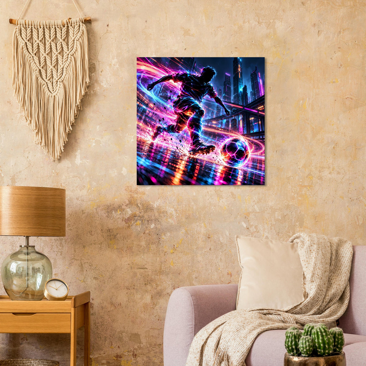 Neon-Soccer-Actionposter, quadratisch, futuristisches Street-Art-Fußballmotiv
