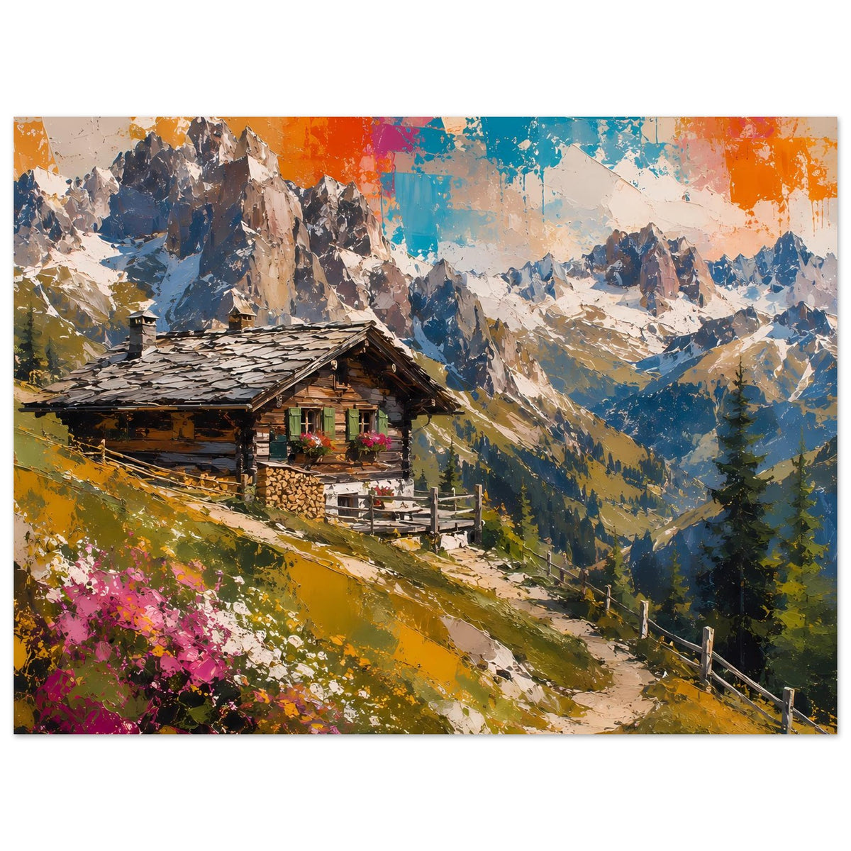 Horizontales Berghütten-Poster: Holzalmhütte, bunte Alpenberge und abstrakter Himmel
