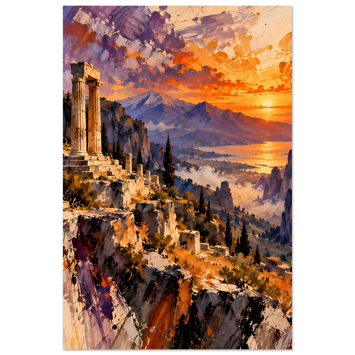 Premium-Mattposter mit Landschaft aus Ruinen und Sonnenuntergang, Hochformat, violett und orange