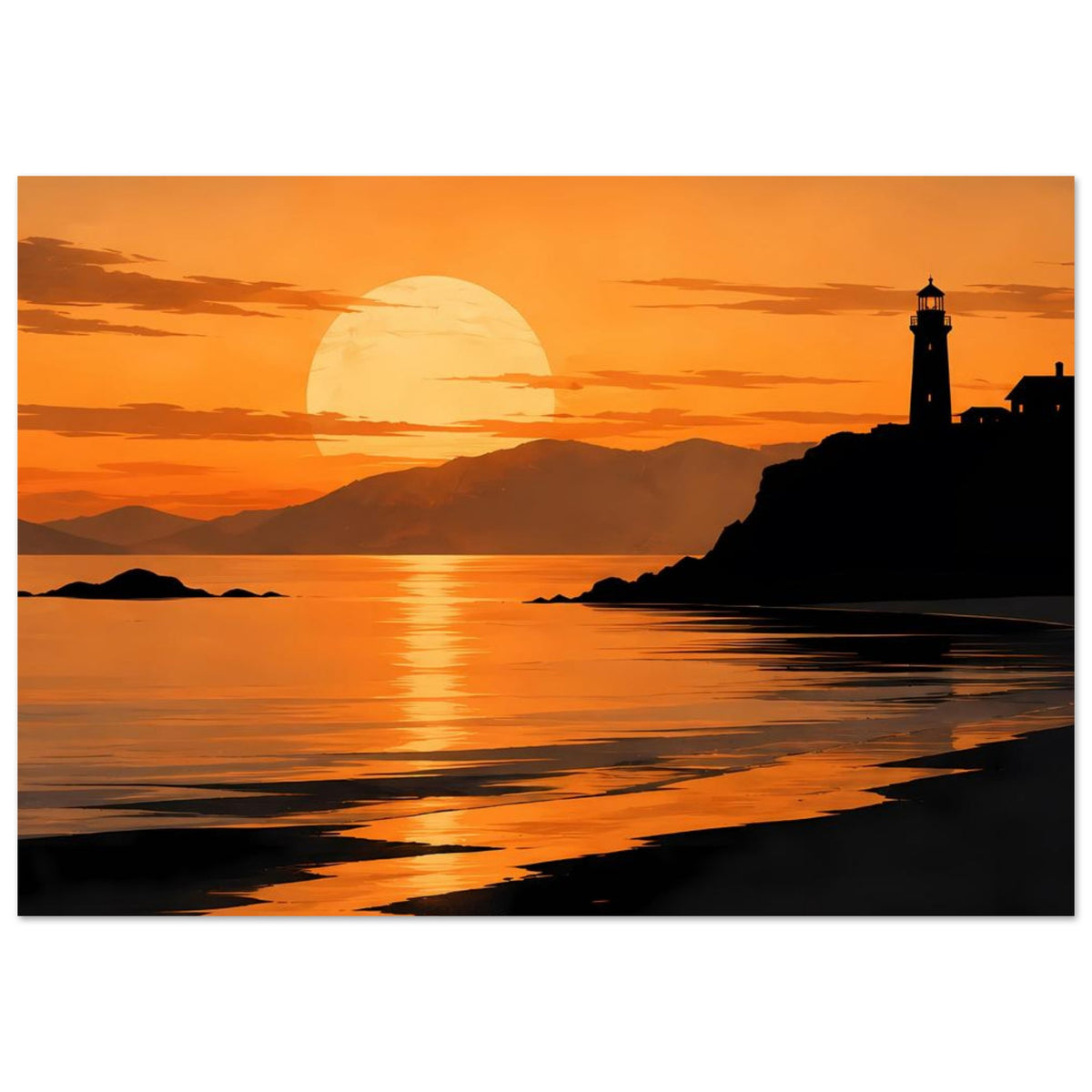 Küstenposter mit Leuchtturm am Strand, orangefarbene Wolken und Lichtreflexen auf dem Wasser