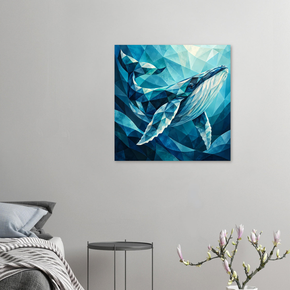 Quadratisches Wandposter mit geometrischem Blauwal in Blau und Aquamarin
