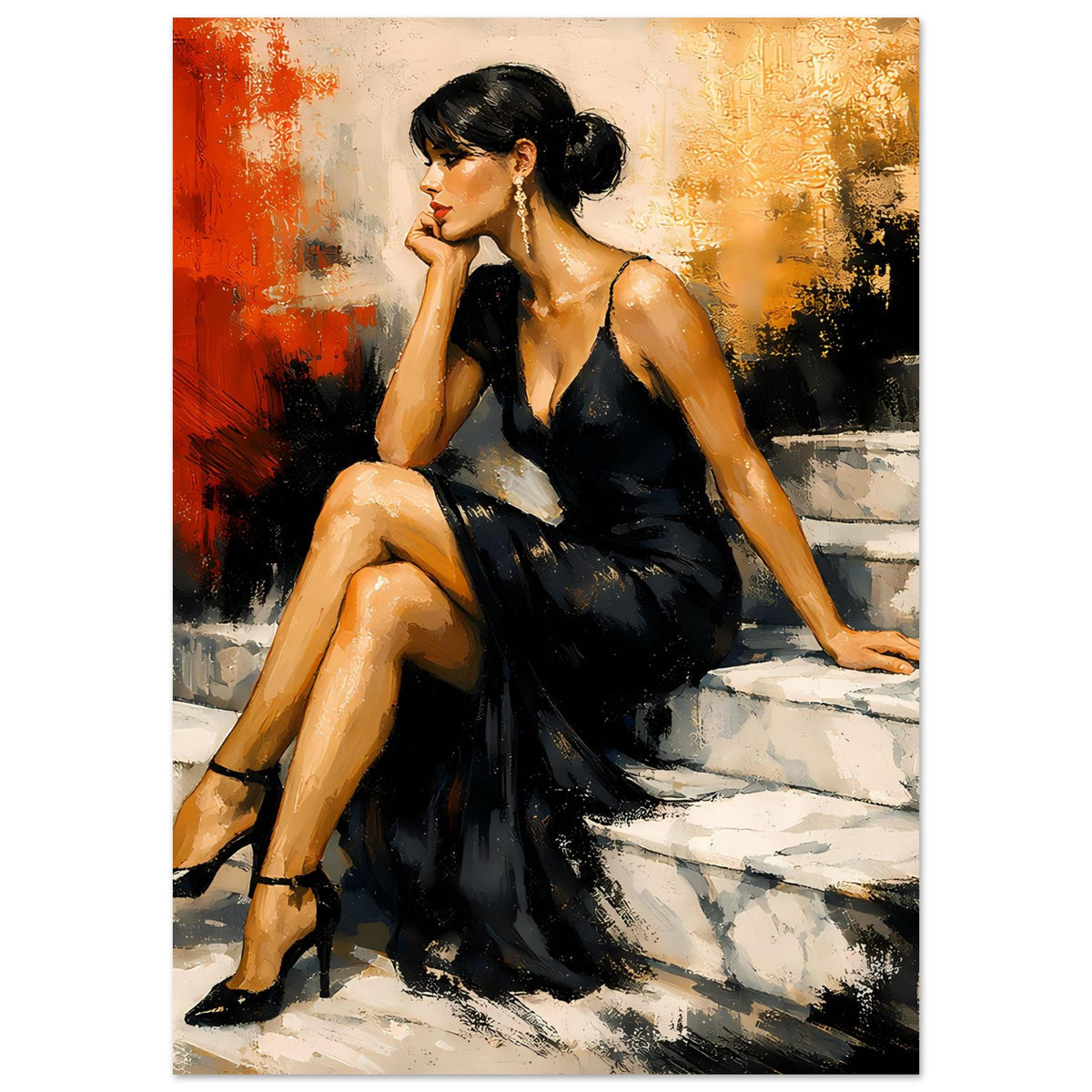 Kunstposter mit Frau im schwarzen Abendkleid, sitzend auf Treppe, Blick zur Seite