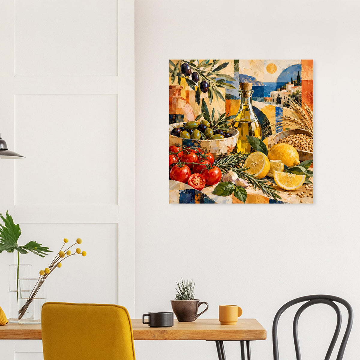 Poster mit mediterranem Stillleben: Oliven, Tomaten, Flasche und Zitrusfrüchte.