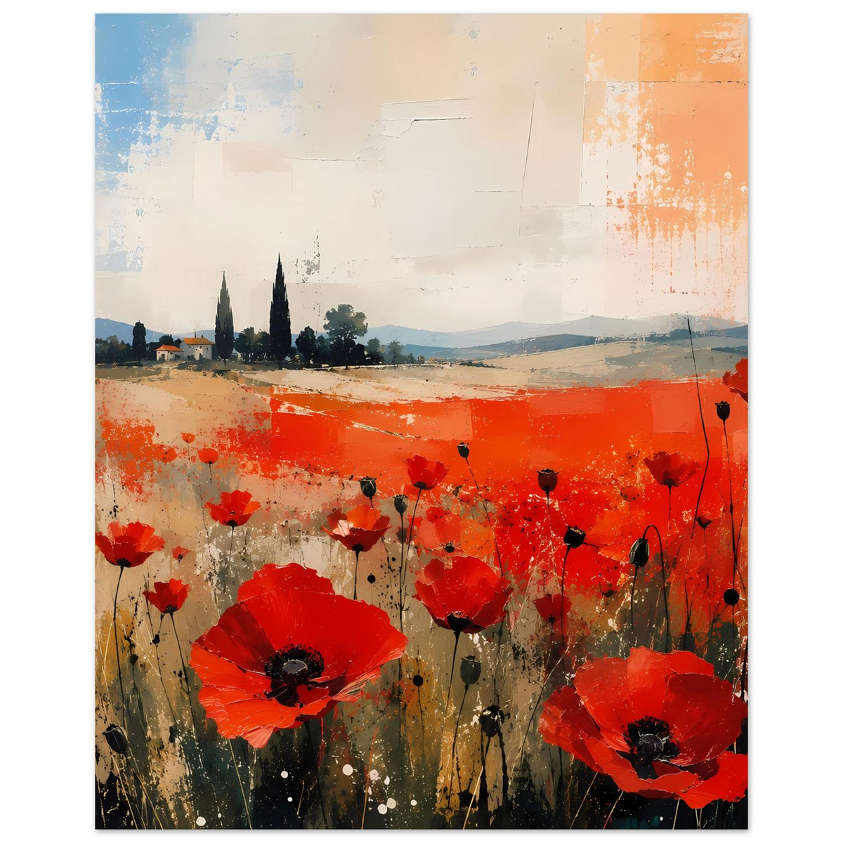 Poster mit abstraktem Mohnblumenfeld, große rote Blüten auf Bildfläche, mit schwarzem Rand.