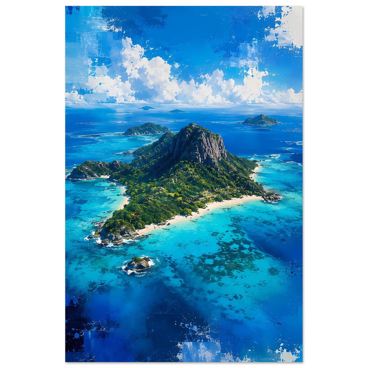 Poster mit tropischer Insel, Felsberg und türkisfarbenem Meer mit Buchten und Stränden (hochkant)