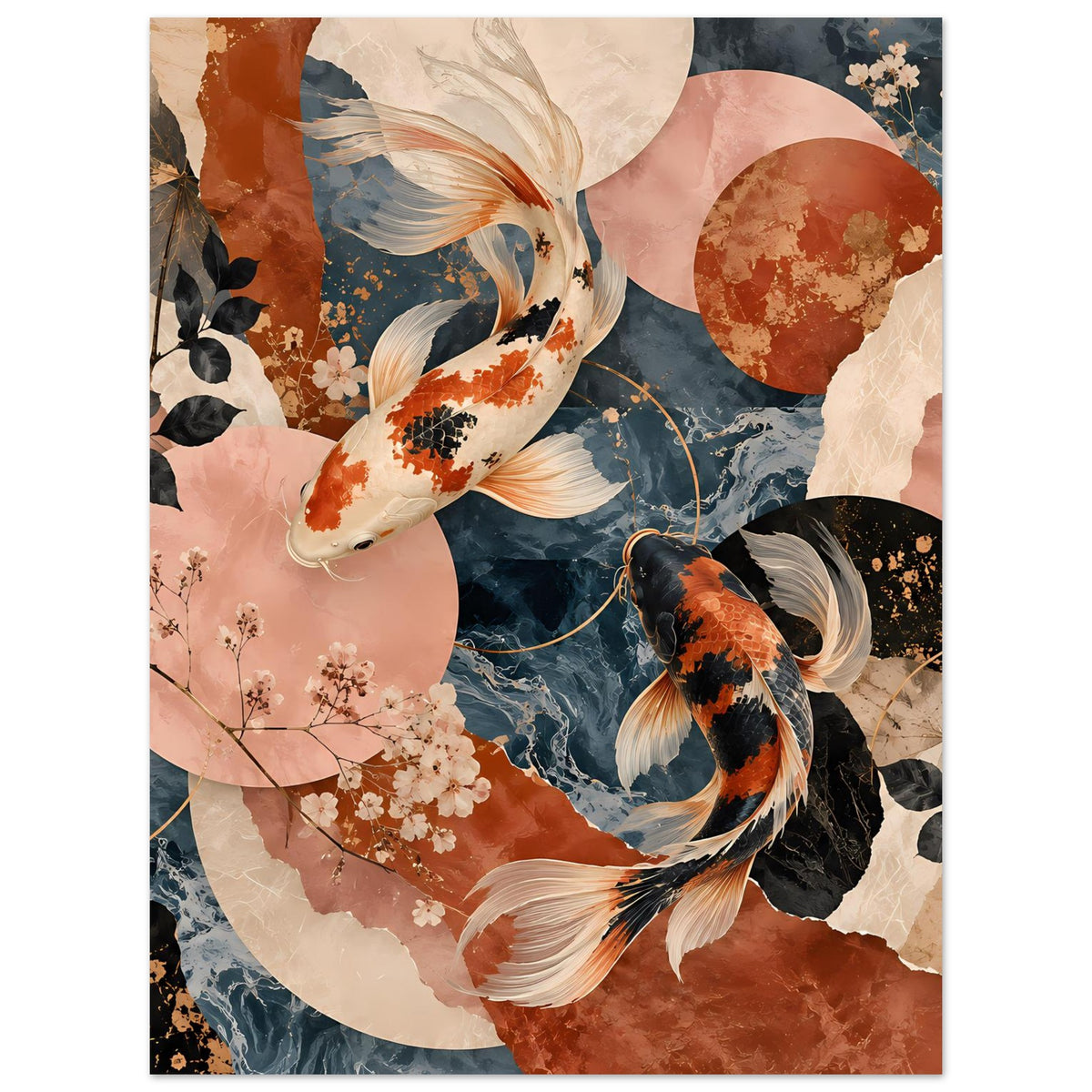 Poster mit Koi-Fisch im Vordergrund, orange-weiße Flossen, schwarze Details und Blüten