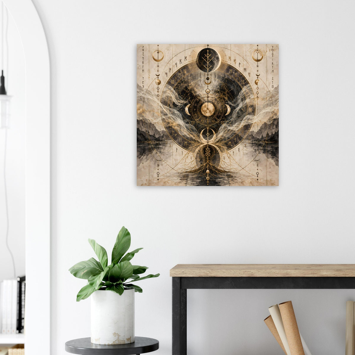 Wandposter mit goldfarbenem Mondphasen-Motiv auf hellem Untergrund
