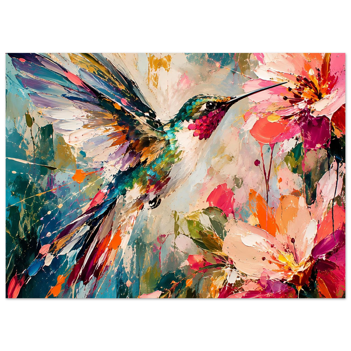 Breites Poster mit Kolibri und Blüten, abstrakte Pinselstriche, gerahmt