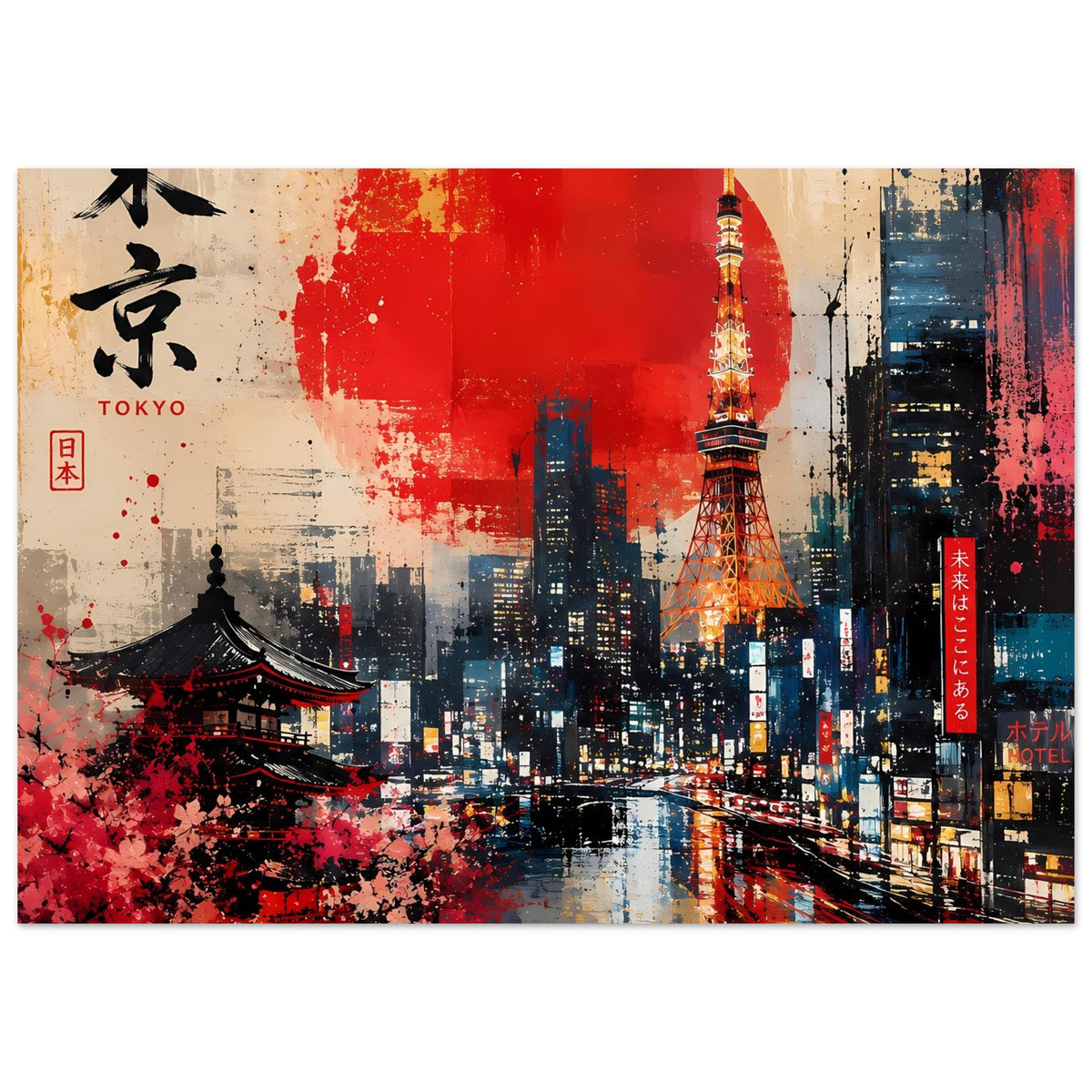 Abstraktes Poster mit Tokio-Schriftzug, roter Sonne, Tokyo Tower und Straßenblick
