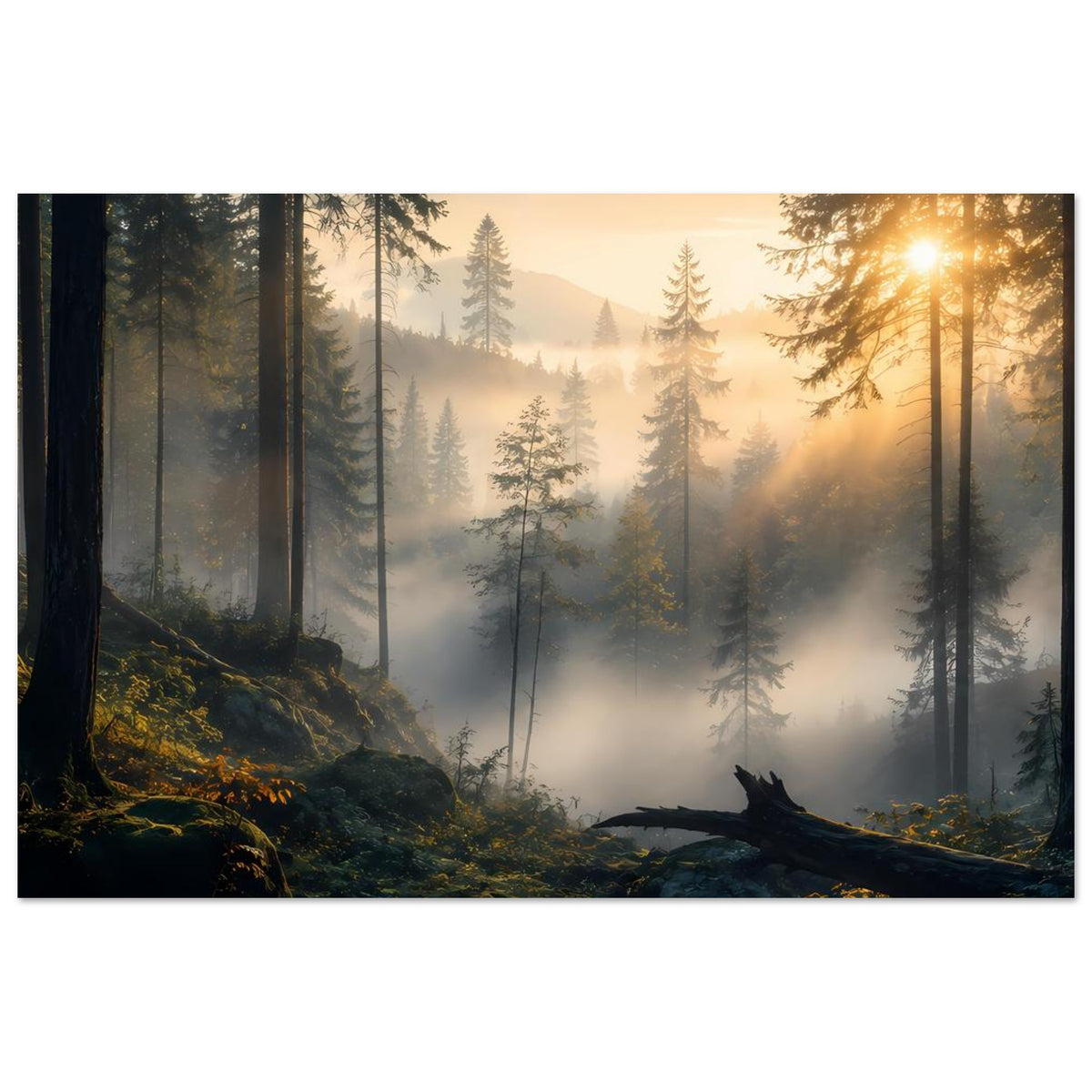 Waldposter im Querformat mit goldenem Sonnenaufgang, dichten Nadelbäumen und Nebel