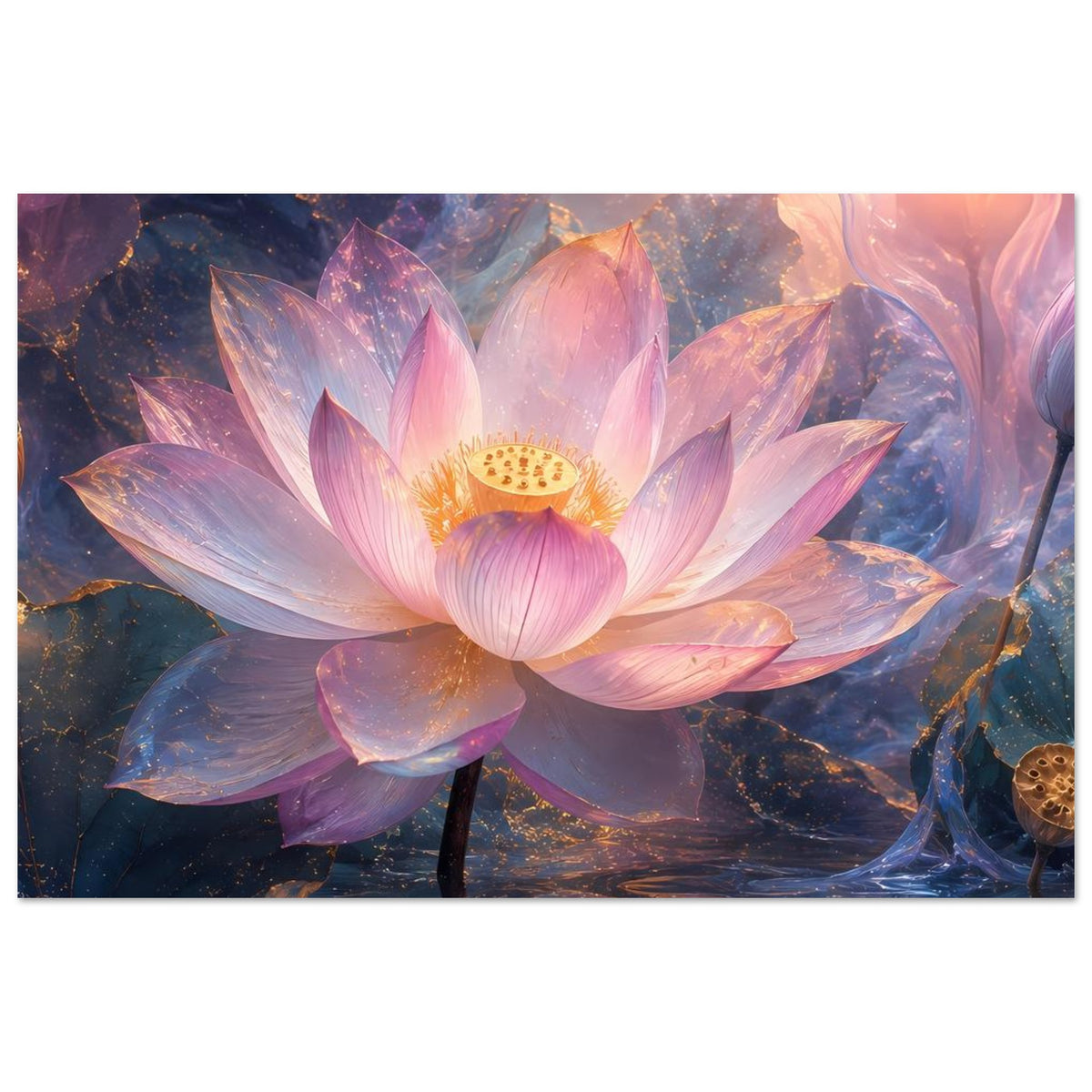 Lotusblüten-Poster: rosa Blütenblätter und goldenes Zentrum, lilafarbene Schattierung