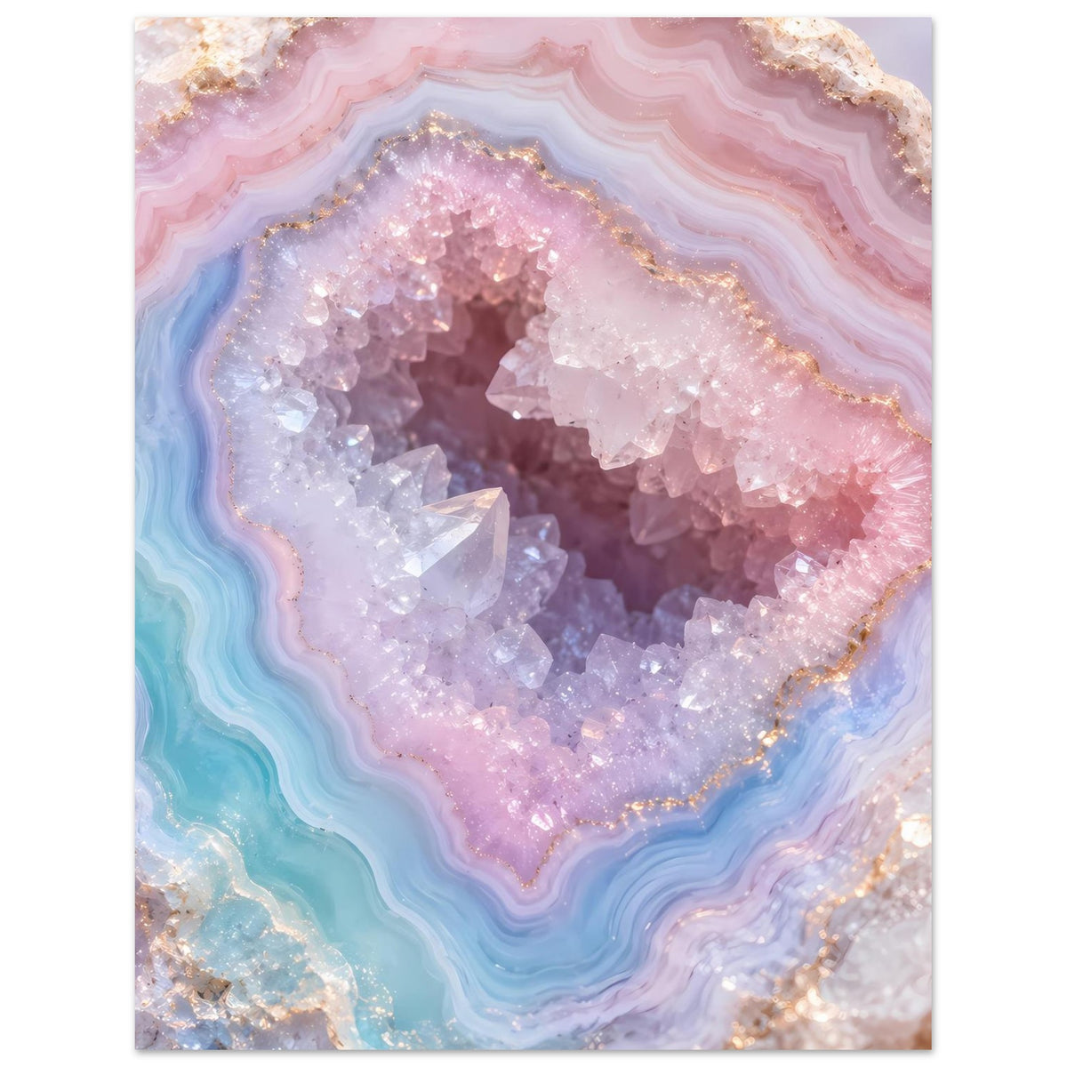 Poster mit abstraktem Geode-Motiv in Pastellrosa, Violett und Türkisblau, Kristalloptik