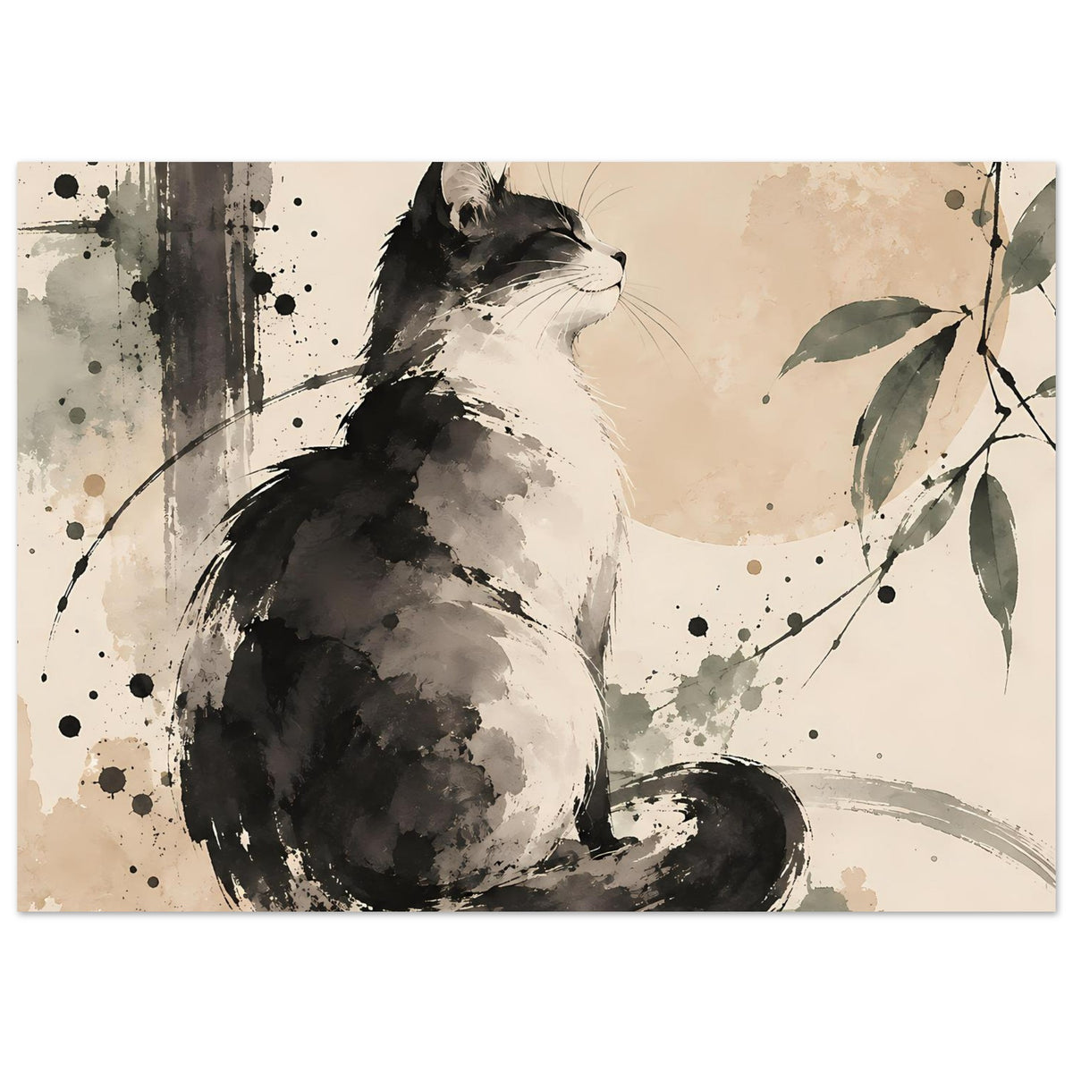 Poster mit sitzender Katze im Aquarellstil, Sprenkel und Pinselstriche, horizontal