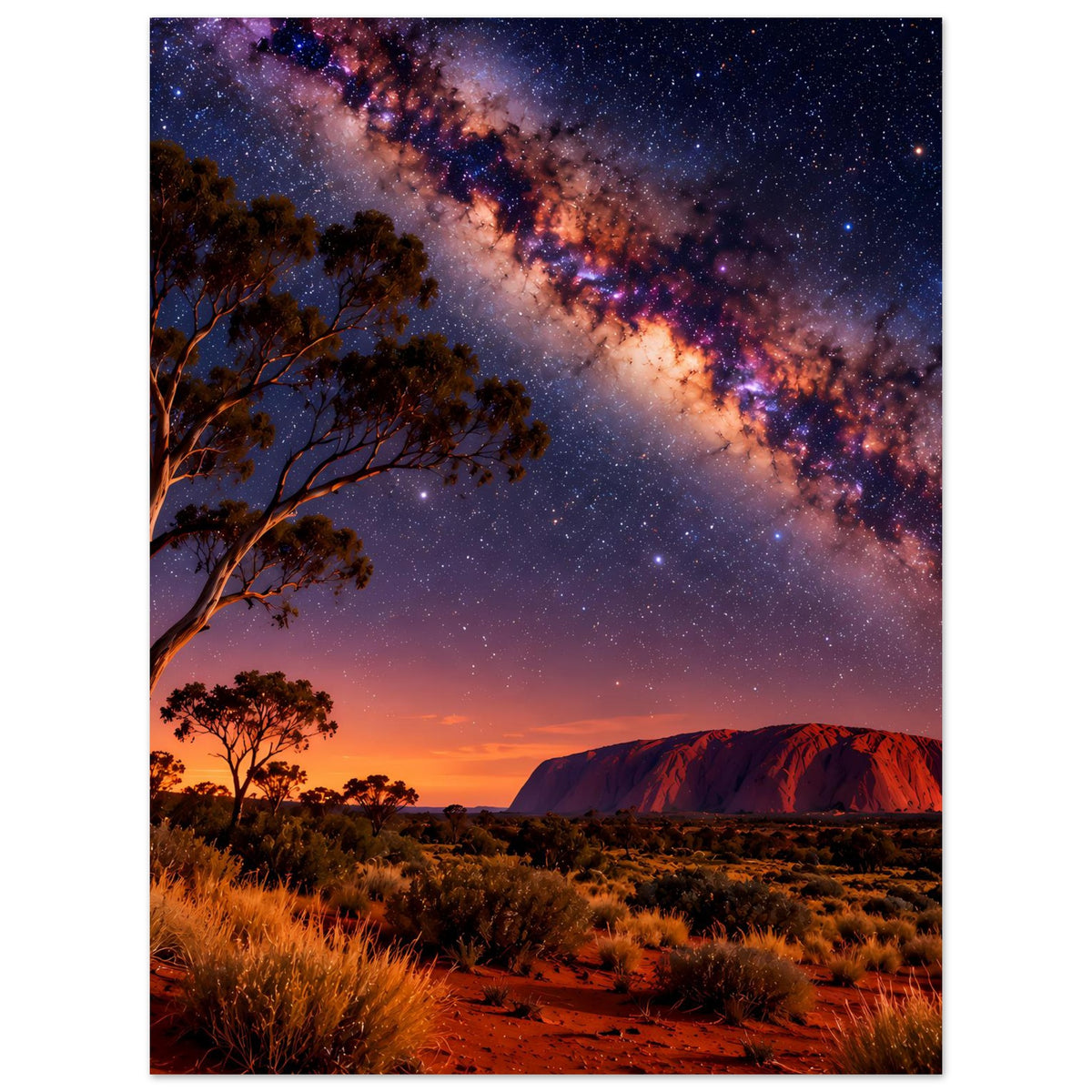 Wüstenlandschaft-Poster mit Sternenhimmel und Milchstraße über Dornbusch und Baumkronen