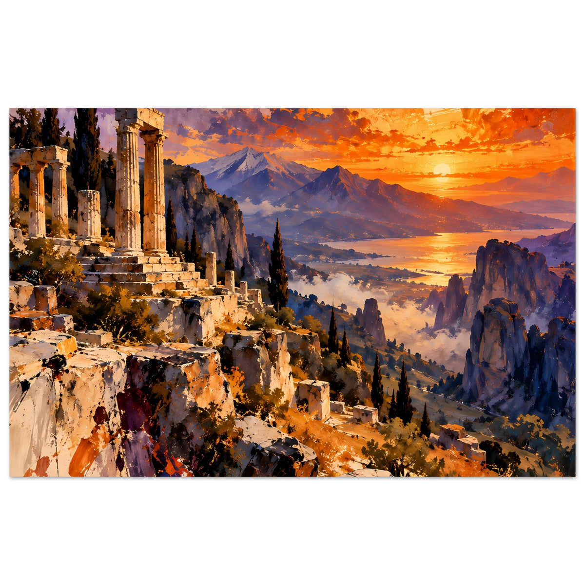 Horizontales Poster: antike Ruinen bei Sonnenuntergang, Berge und Himmel in Orange-Blau.