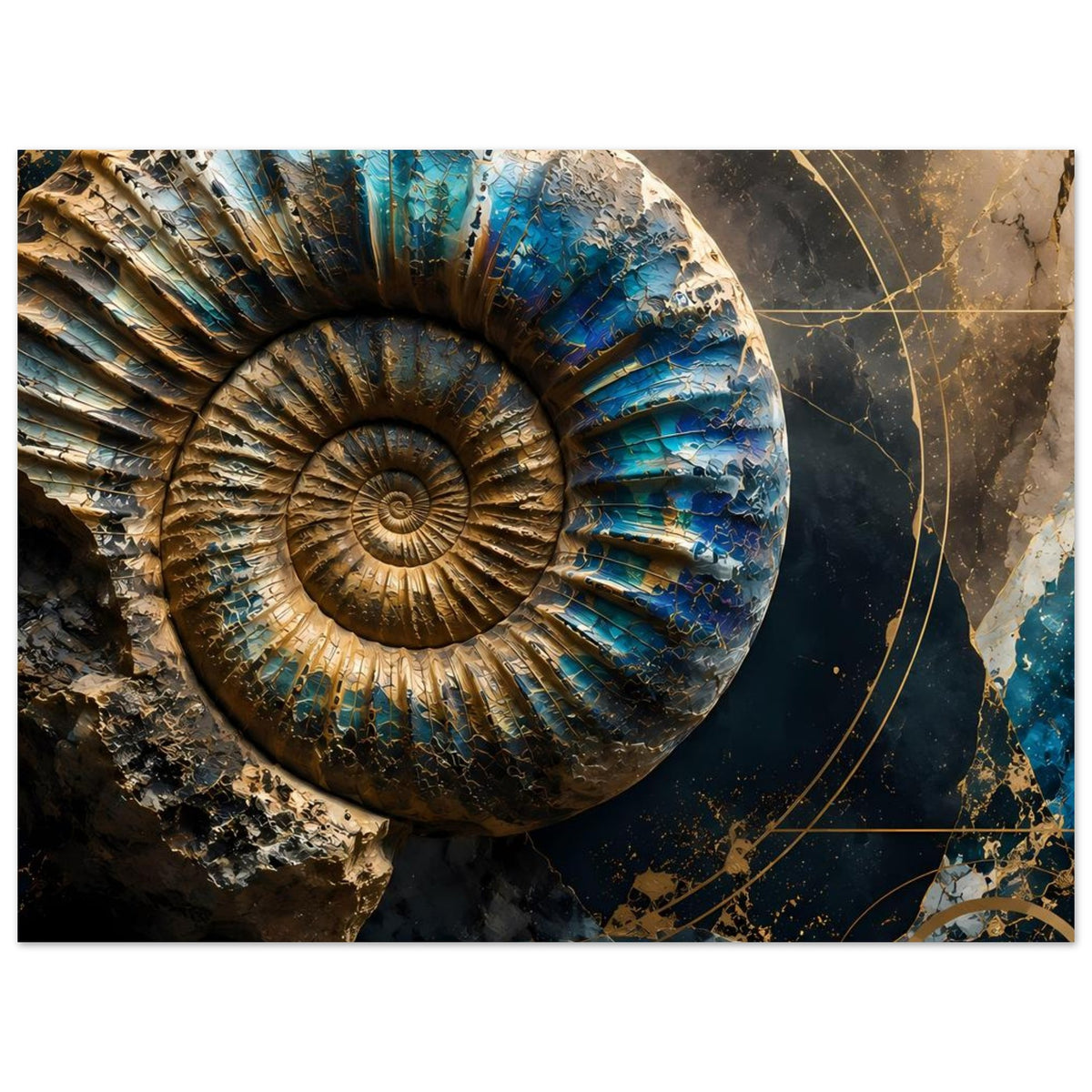 Kunstposter mit Ammonit in Petrol- und Goldtönen, kreisförmige Elemente und Steinstruktur