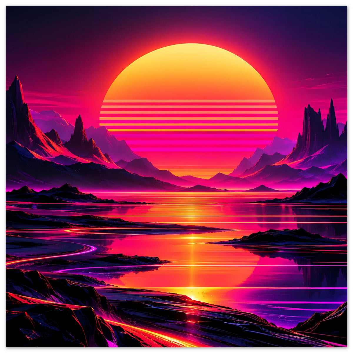 Neon-Poster im Querformat mit orangegelber Sonne, Berge und Wasser im Retro-Neon-Look