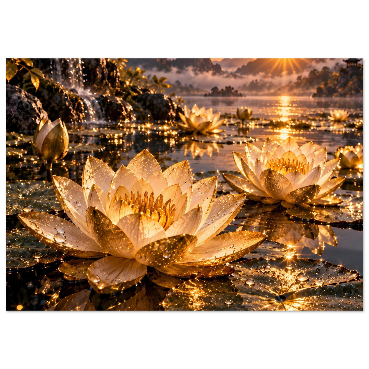 Querformat-Poster mit goldenen Lotusblüten am Wasser, funkelnde Lichtpunkte und Glanz